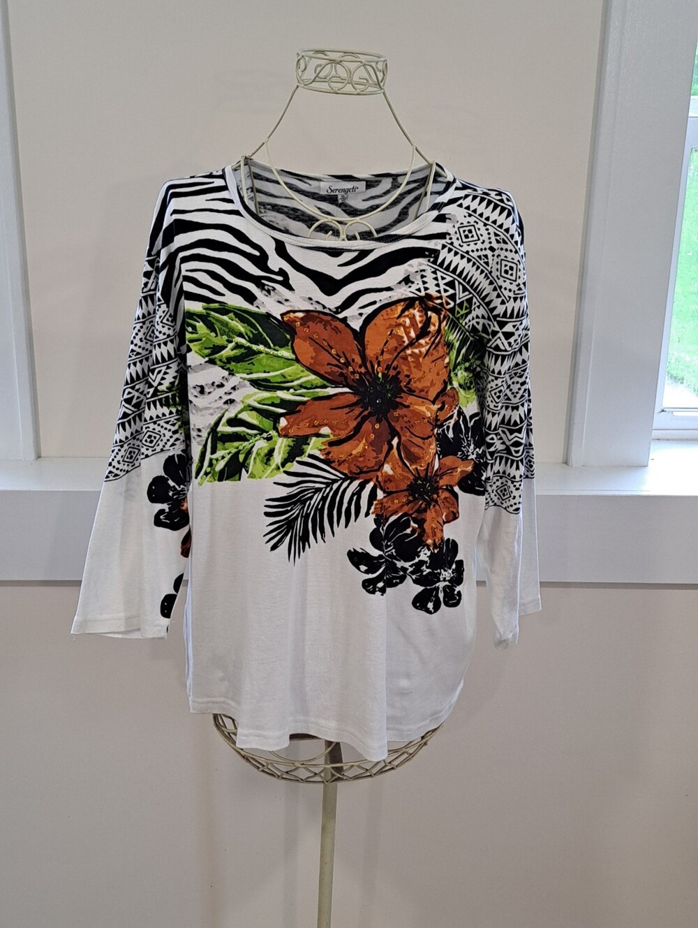 NWOT Early 2000's Serengeti Embellished Mobwife Zebra Floral Aztec Sequin Top XL